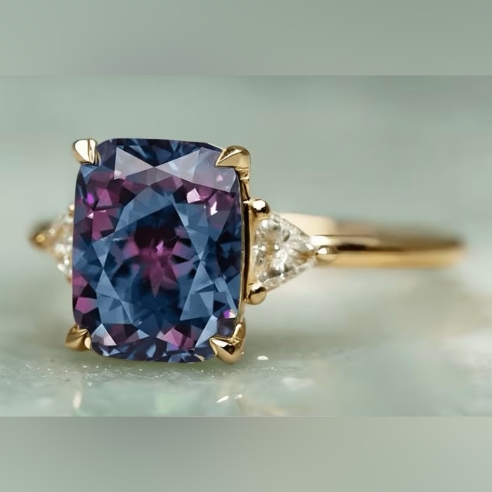Gold Ring with Alexandrite Cushion And Side Stones